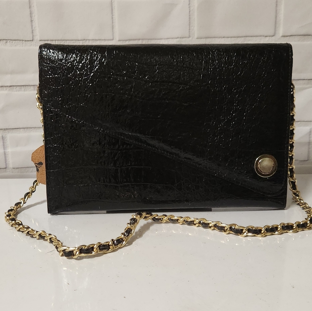 Vintage black croc print clutch bag